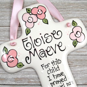 Personalized Baby Girl Cross: Hand-Painted Ceramic Floral Nursery Decor