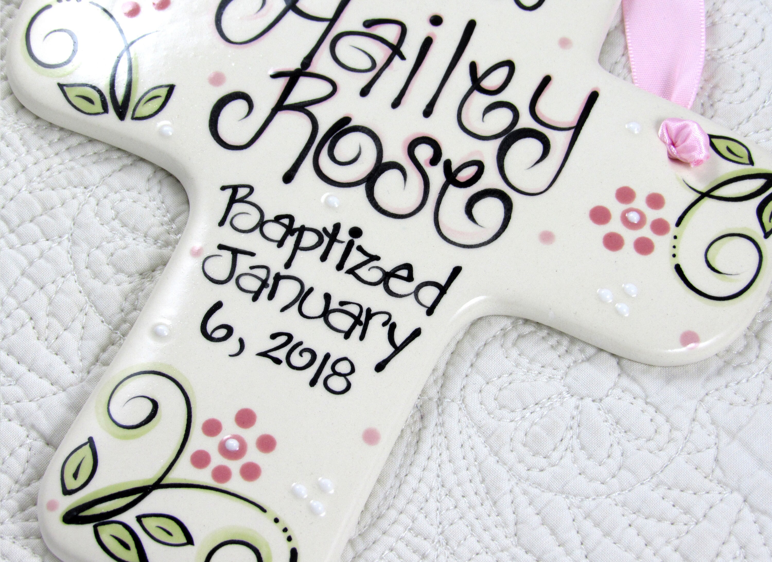 Baby Girl Baptism Cross in Pink and Green // Personalized Etsy