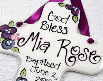 Personalized Baptism Cross with Flowers in Plum and Blue for Girls