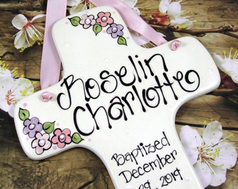 LARGE Hand Painted Personalized Baptism Cross with Flowers in Pink and Purple