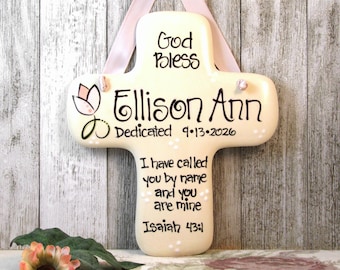 Personalized Baby Dedication Cross: Hand-Painted Ceramic Gift