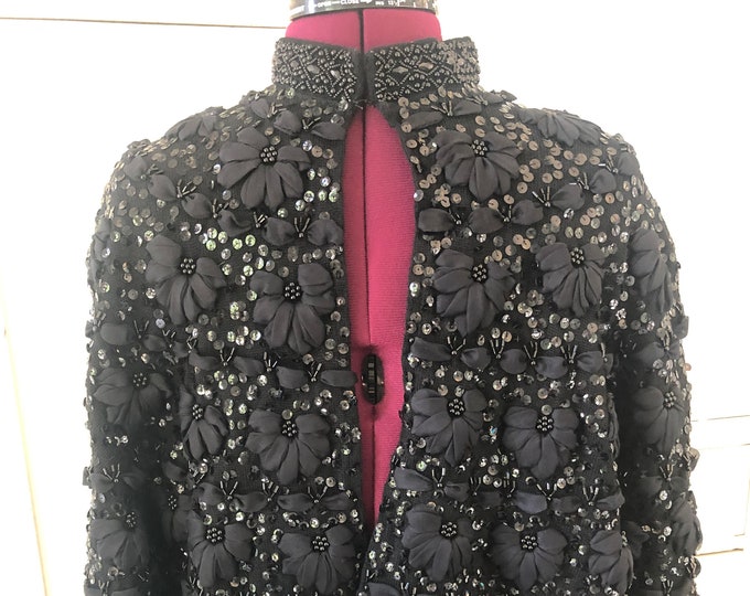 Vintage 1960s 60s Beaded Soutache Cape 1960s Inky Black Wool Embroidered Sequin Bead Sweater Ribbon Victorian