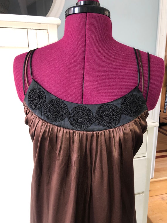 Copper Brown Silk Shift Dress, Embroidered Neckli… - image 1