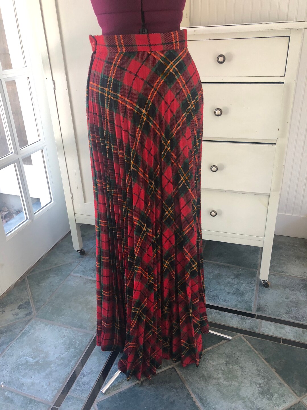 1970s 70s Red Black and Green Plaid Accordian Pleated Maxi - Etsy