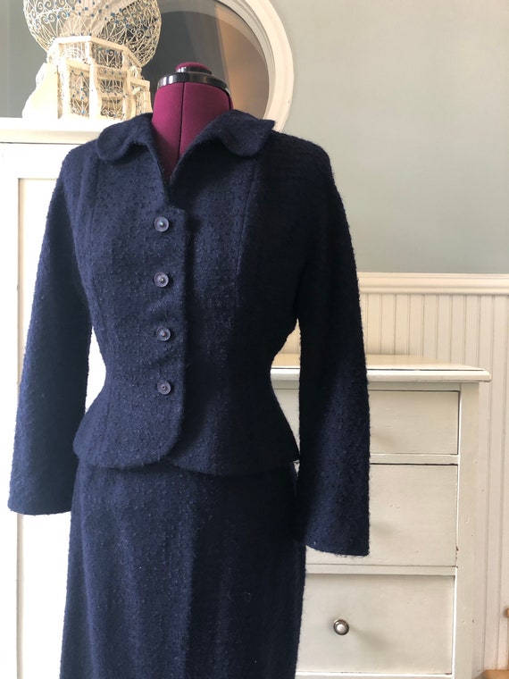 1960s 60s 1950s 50s Navy Blue Boucle Nipped Waist… - image 1