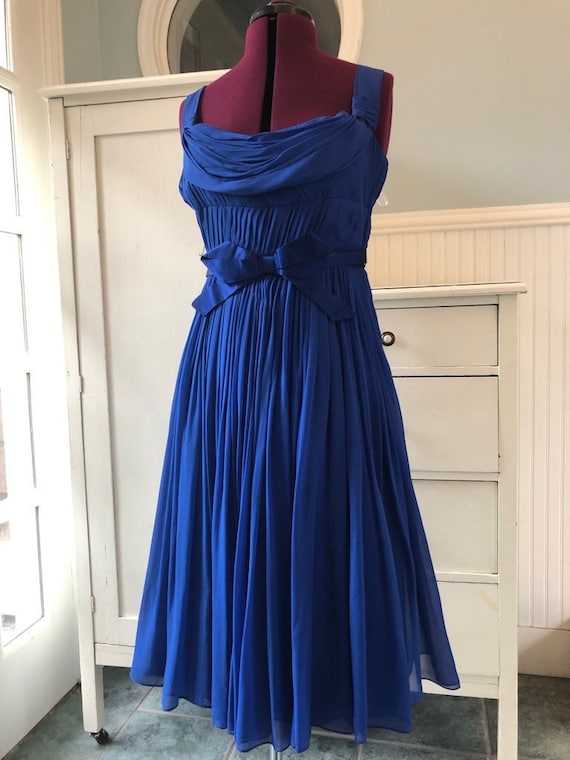 1950s 50s Suzy Perette Azure Royal Blue Grecian Silk … - Gem