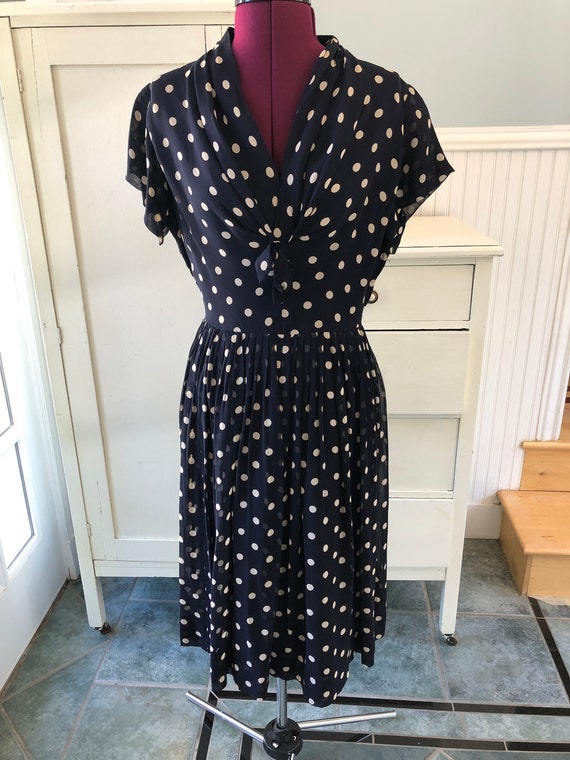 1950s 50s Rockabilly Rayon Crepe Navy Polka Dot D… - image 4