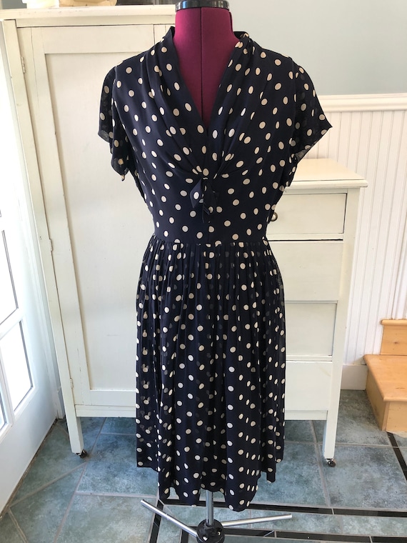 1950s 50s Rockabilly Rayon Crepe Navy Polka Dot D… - image 3