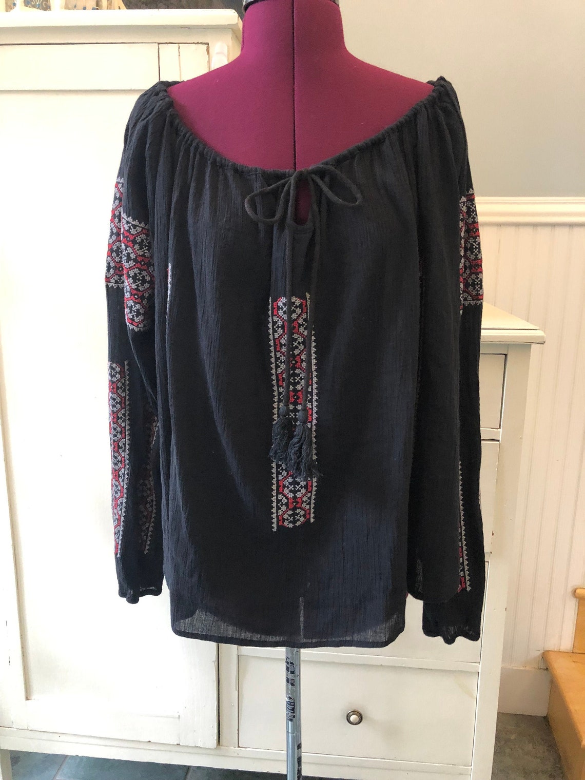 Embroidered Peasant Blouse Black Gauze / Boho Hippie Etsy