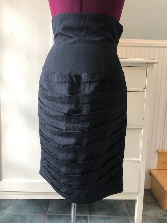 1980s black silk tiered high waisted pencil skirt 