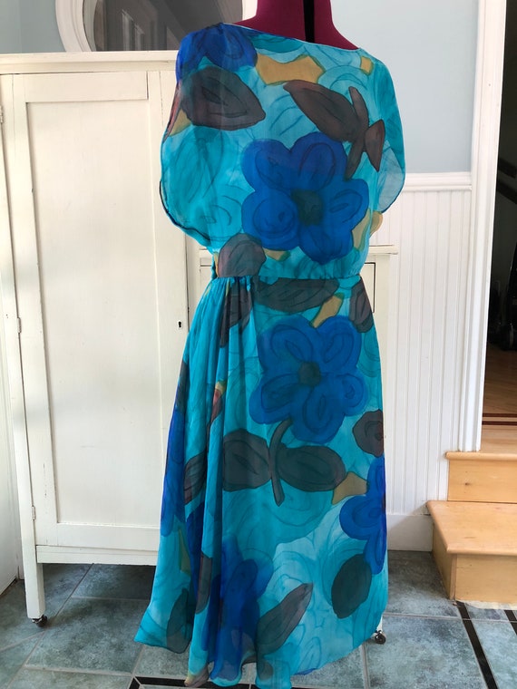painted floral silk dress . mid century garden par