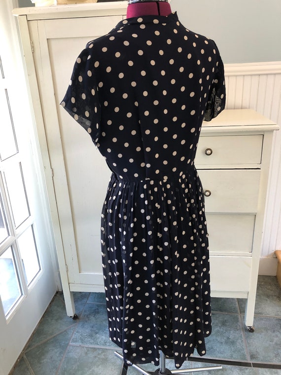 1950s 50s Rockabilly Rayon Crepe Navy Polka Dot D… - image 9