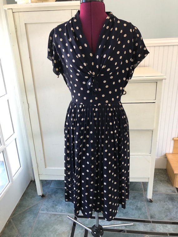 1950s 50s Rockabilly Rayon Crepe Navy Polka Dot D… - image 2