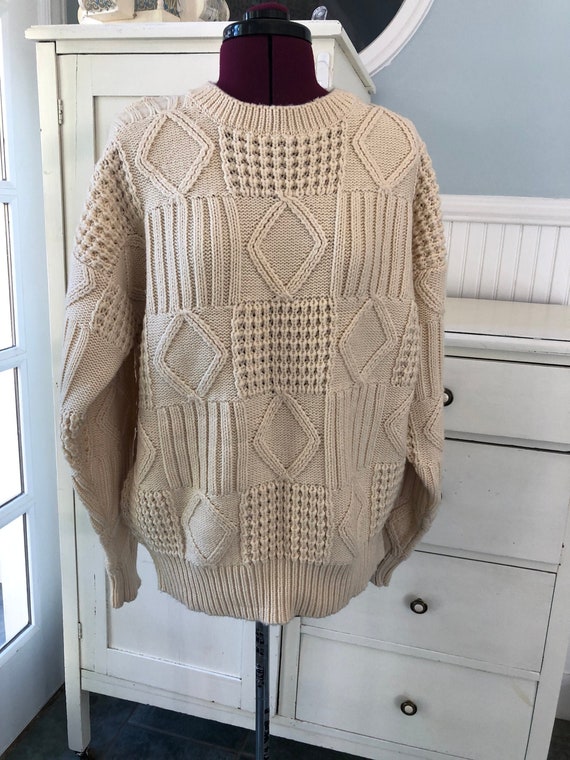 Vintage Cream Sweater | Patchwork Acrylic Jumper |