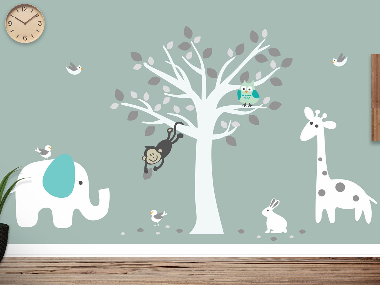 Jungle Animals Tree Wall Decal Monkey Elephant Giraffe Etsy