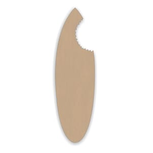 May include: A brown wooden surfboard with a bite taken out of the top. The surfboard is shaped like a traditional surfboard with a rounded nose and a pointed tail.