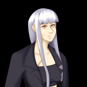 May include: Digital illustration of a person with long, white hair and orange eyes. The person is wearing a black blazer over a black top. The background is solid black.