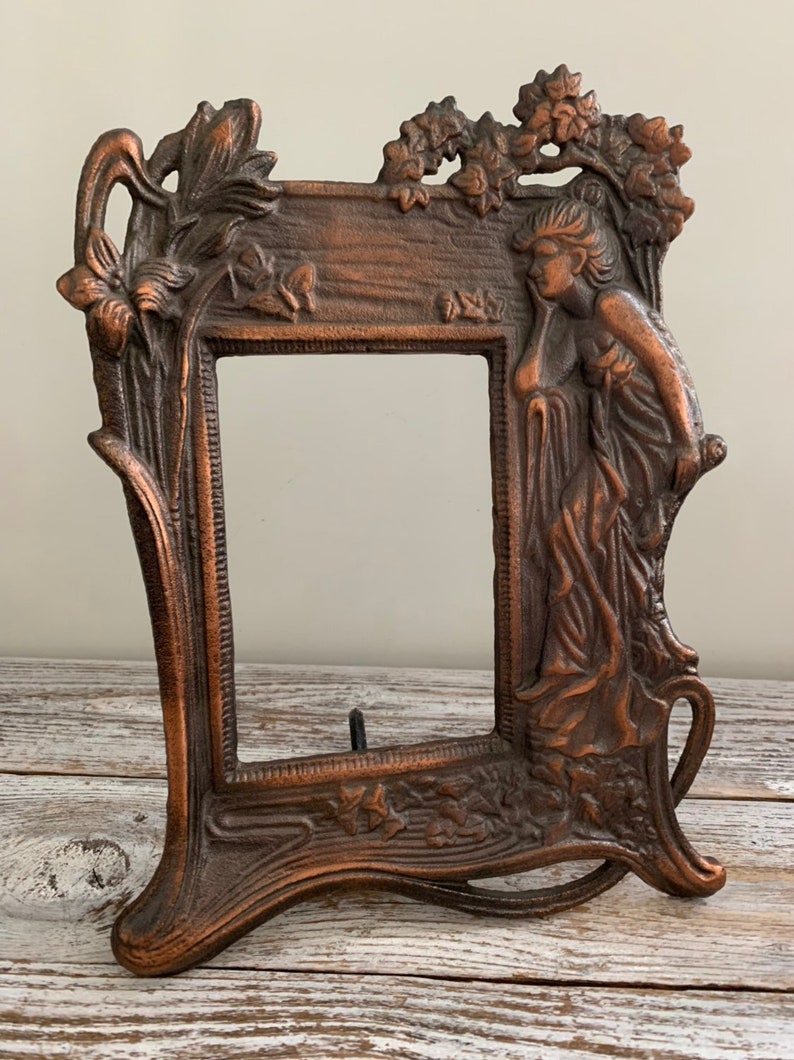Vintage Heavy Cast Metal Frame Art Nouveau Copper Colored Easel Stand Women Fl Erfly Design