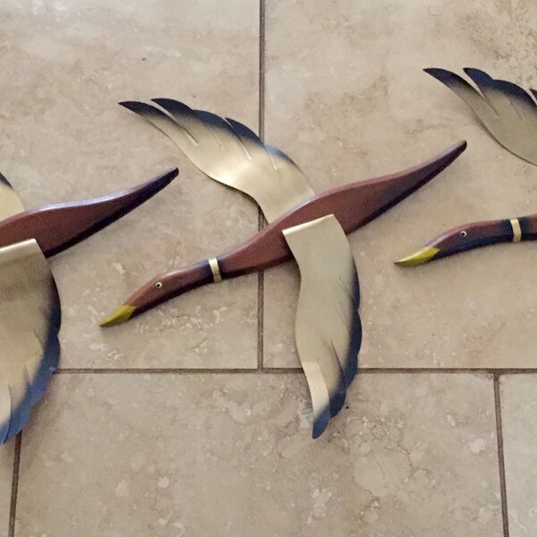 3 Vintage Wood Metal Geese/ Ducks In Flight Wall Decor, Mad Men,Mid Century Modern, Cabin, Hunters