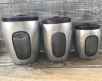 3 Unique Vintage Aluminum Canisters with Windows