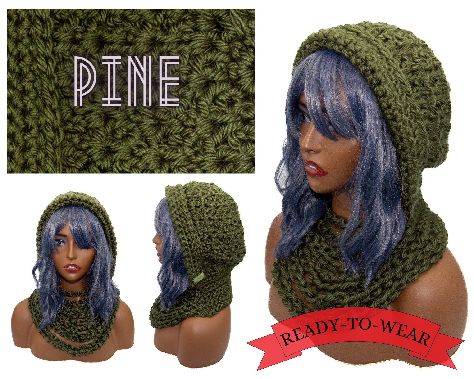 Pine Green Chunky Crochet Hoodie Soft Cozy Hooded Cowl 