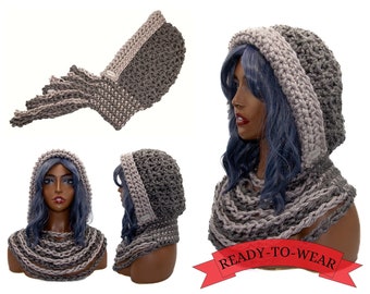 Gray Chunky Crochet Hoodie Soft Cozy Hooded Cowl Handmade Bulky Breathable Hood Crocheted Slate Gre Hat with Scarf Elegant Hood Cowl Knitted