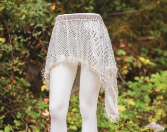 Disco Fairy Skirt Sparkle Sequin Asymmetrical High-Low Hemline Crochet Eyelash Yarn Trim Cotton Elastic Waistband Handmade Festival Glitter