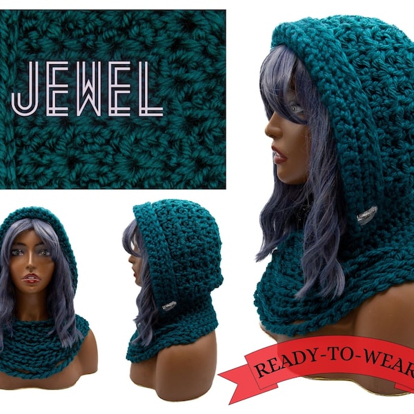 Turquoise Chunky Crochet Hoodie Soft Cozy Hooded Cowl Handmade Bulky Breathable Hood Crocheted Teal Hat with Scarf Elegant Hood Cowl Knitted