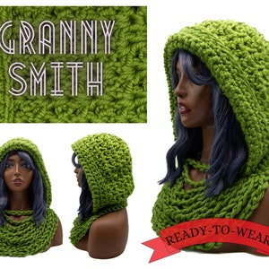 Cozy Green Knit Hooded Hat Hand-knitted Hooded Cowl: Forest Green Chunky Yarn Bonnet - Etsy main image 2
