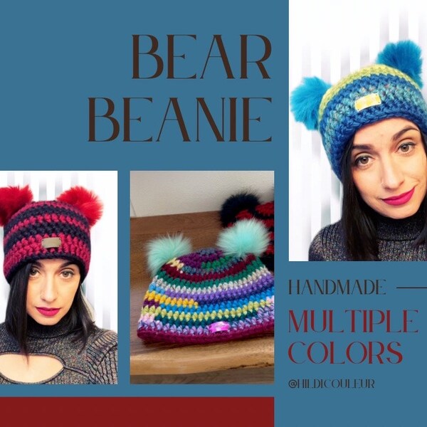 Bear Beanie Crochet Hat Double Pom Pom Green Black Red Purple Blue Yellow Striped Chunky Knit Adult Bear Ears Cute Rave Fuzzy Beanie