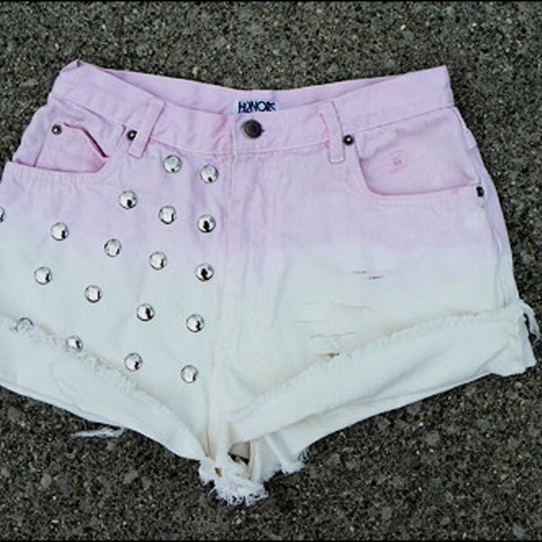 high waisted vintage studded distressed pink ombre white shorts tumblr hipster
