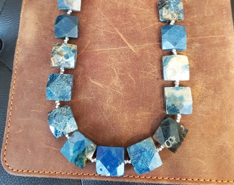 Stunning 18" Blue Fossil Apatite Necklace with Sparkling Silver Beads