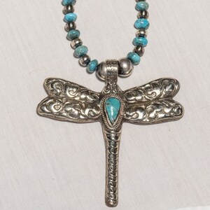 Tibetan Silver and Turquoise Large Dragonfly Pendant Necklace With American Turquoise Beads and Authentic Navajo Pearls.