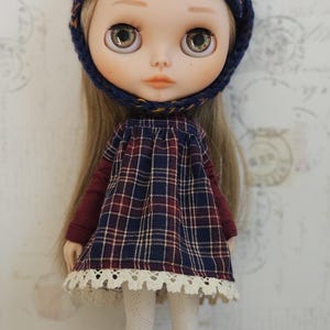 Blythe Doll Navy Plaid Dress and Helmet Hat Outfit
