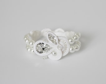 Wedding soutache bracelet with crystals and freshwater pearls