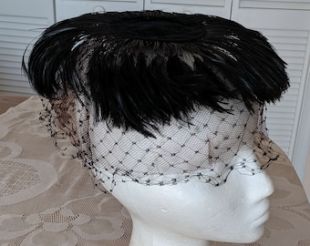 Feather Tilt Hat - Mid Century Feather Hat with Double Veiling -  Vintage 1950s Millinery, Cocktail or Costume Hat - Flat Black Hat