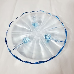 Baroque Blue Fostoria 3 Footed Glass Tid-Bit Tray, Scalloped 8 Inch Serving Tray, Flat Dish for Appetizers or Small Desserts, Gift for Her