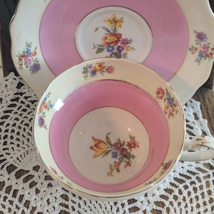 Playful Bubblegum Pink & Floral Tea Cup and Saucer Set, English Bone China, by Foley, England, Numbered