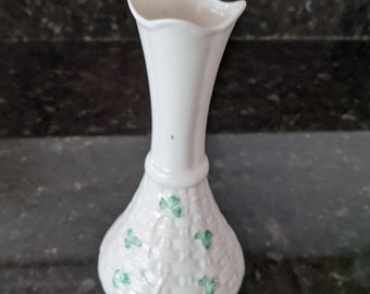 Belleek Irish Porcelain Vase - Green Shamrocks on White  Translucent Vase - Blue (8th) Mark 1993-1997 - Collectible China