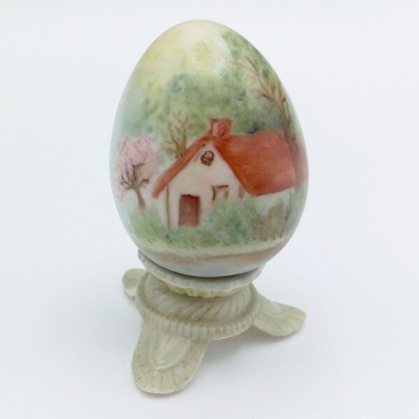 Bisque Porcelain Egg on Matching Stand - Egg Hand Painted by Beckie 1975 - Cottage Scene Painted Bisque Egg, Easter Spring Décor