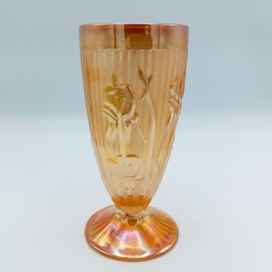 Iris and Herringbone Iridescent Amber Glass Tumbler by Jeannette Glass Co, 8 oz Carnival FloraGold Glass Tumbler, MCM Marigold Glass Tumbler