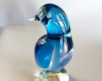 Arte Murano Glass ICET Blue and Clear Bird, 6.25" Tall Hand Blown Bird Crafted in Venezuela, MCM Blue Glass Décor, Collectible Bird Figurine