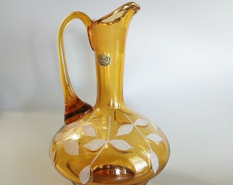 MCM Amber Pitcher/Ewer in Bohemian Crystal - 8" Pitcher with Raised Flocked Design - Graceful Shaped Collectible Czechoslovakian Art Glass