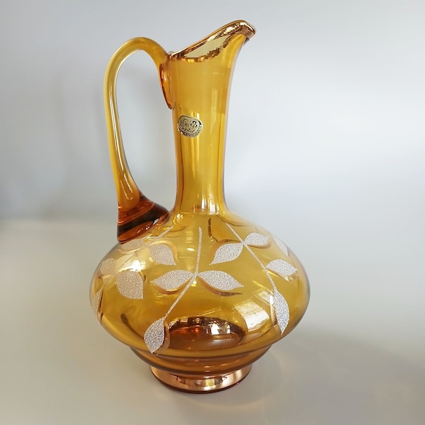 MCM Amber Pitcher/Ewer in Bohemian Crystal - 8" Pitcher with Raised Flocked Design - Graceful Shaped Collectible Czechoslovakian Art Glass