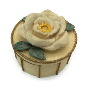 Hand Painted Rose Gift Or Trinket Ceramic Ring Box by Dezine Ltd of Huntington Valley PA - Hat Box Shaped Trinket Box - Dresser Accessory
