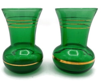 Two Emerald Green Vases with Gold Trim - Vintage Collectible Green Glassware - Forest Green Small Vases Mid-Century Décor