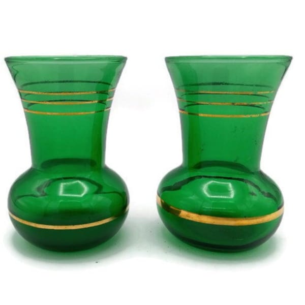 Two Emerald Green Vases with Gold Trim - Vintage Collectible Green Glassware - Forest Green Small Vases Mid-Century Décor