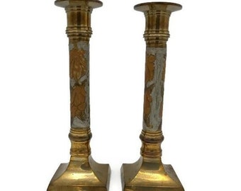 Brass Candlesticks with Copper and Silver Overlay - Decorative, Collectible Pair of  Brass Candle Holders -  7 inch Tall Metal Candlesticks