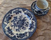 Asiatic Pheasant Dinner Plate, Tea Cup and Saucer by Johnson Bros. of England, Blue and White Dinnerware
