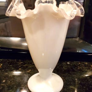 Fenton Silver Crest White and Clear Glass Vase over 6" Tall,  Milk Glass Clear Glass Double Crimped Edge, Vintage Decorative Pedestal Vase